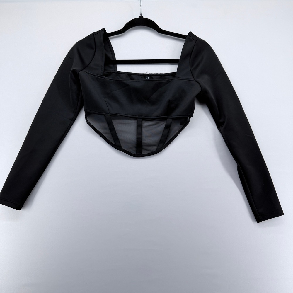 AsYou Womens Black Mesh‎ Corset Crop Top Long Sleeve Square Neck Size US 4